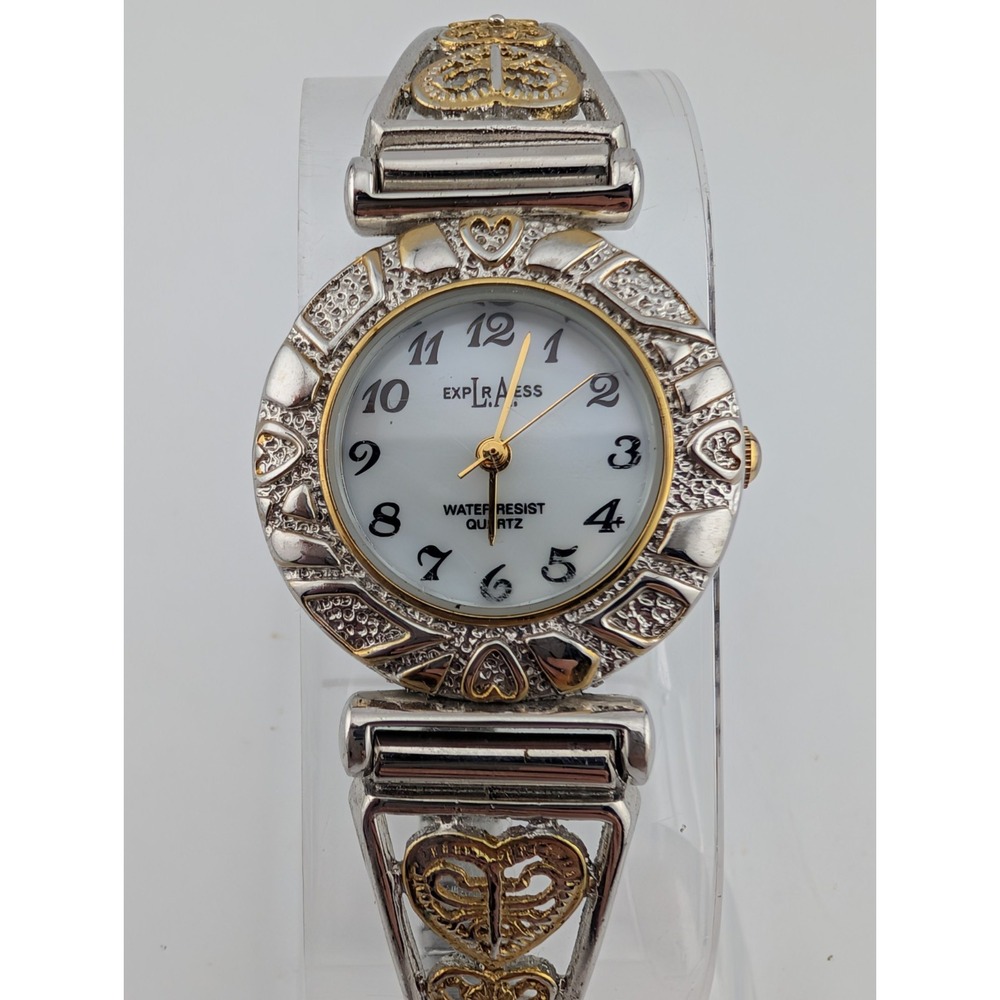 La Express Watch Womens 27mm Two Tone Tone Heart Design Stretch Band New Battery